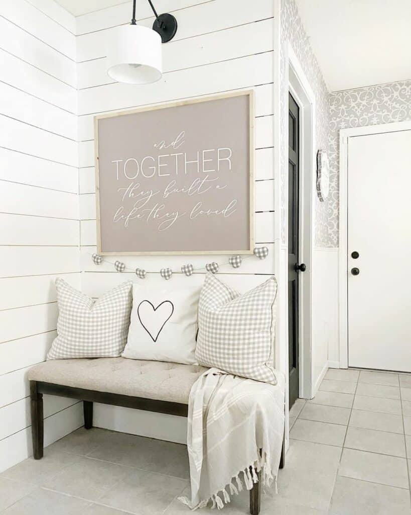 Gray and White Entryway Decor on Shiplap Paneling