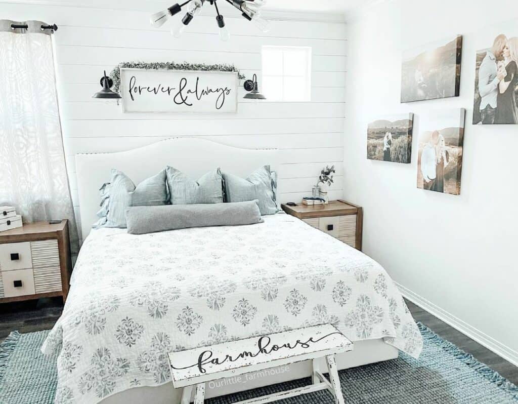 Gray and White Neutral Bedroom With Gallery Wall