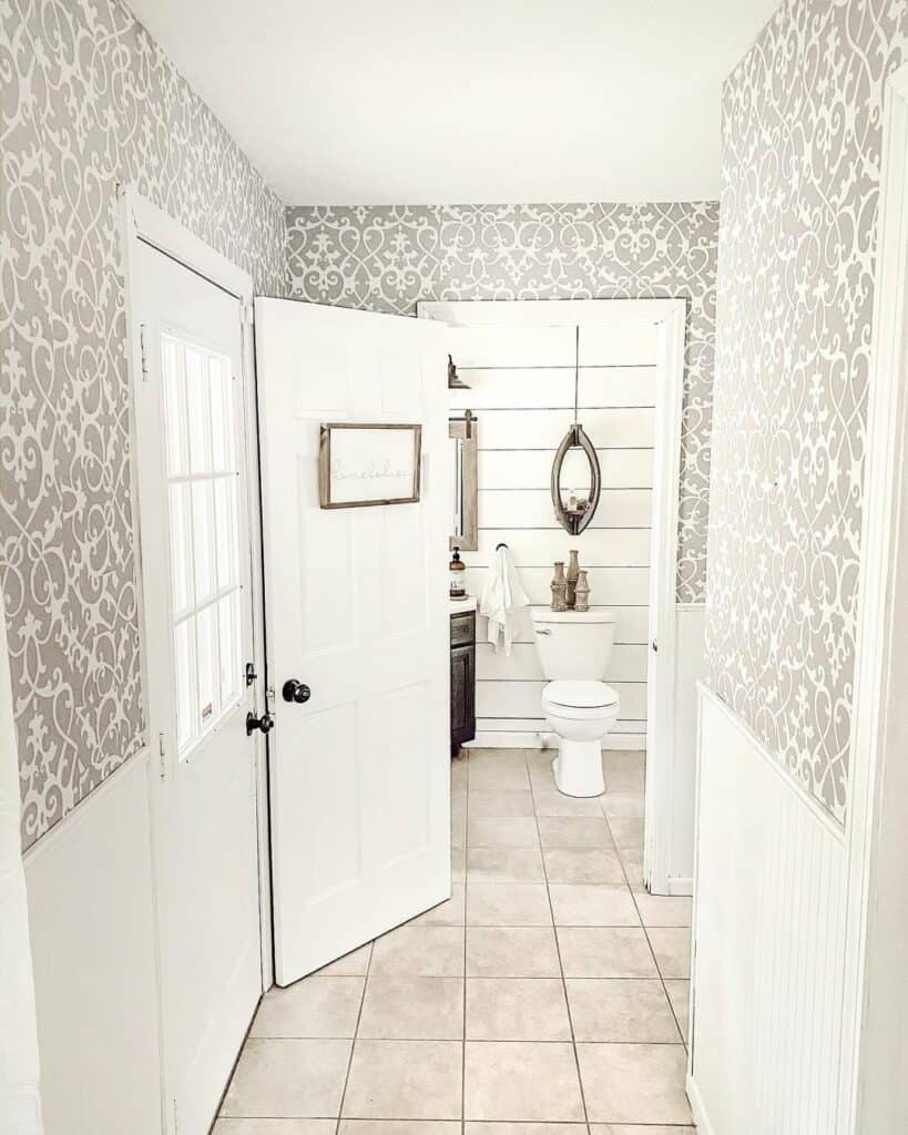 Gray and White Printed Hallway Wallpaper
