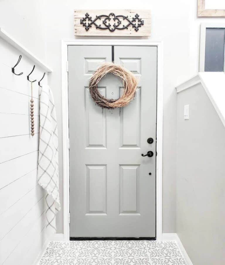 Gray and White Shiplap Entryway with Tile Floor