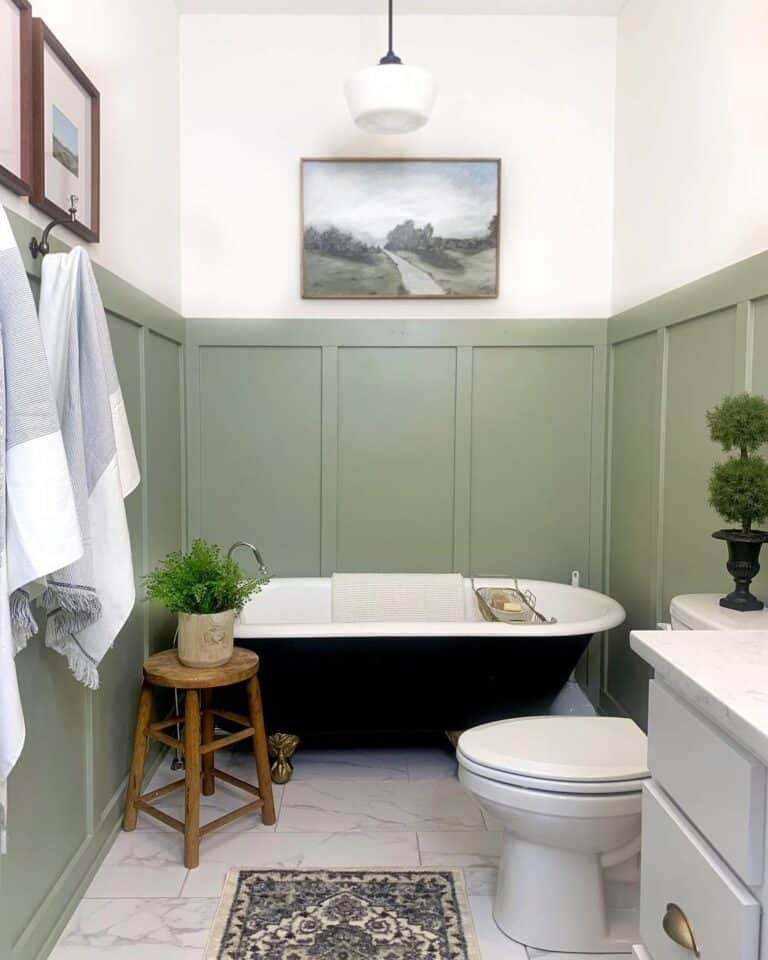 Green Bathroom with Board and Battan Wall