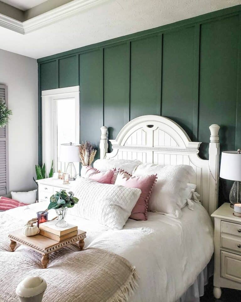 Green Board and Batten Bedroom With White Décor