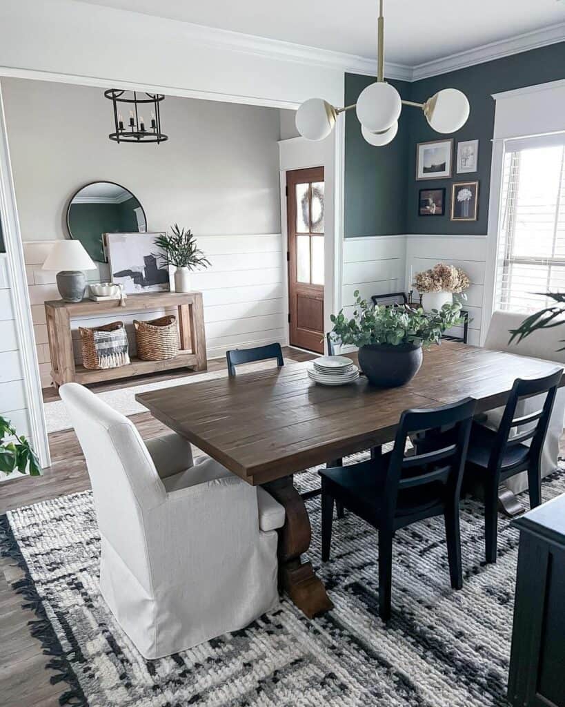 Green Dining Room With White Shiplap
