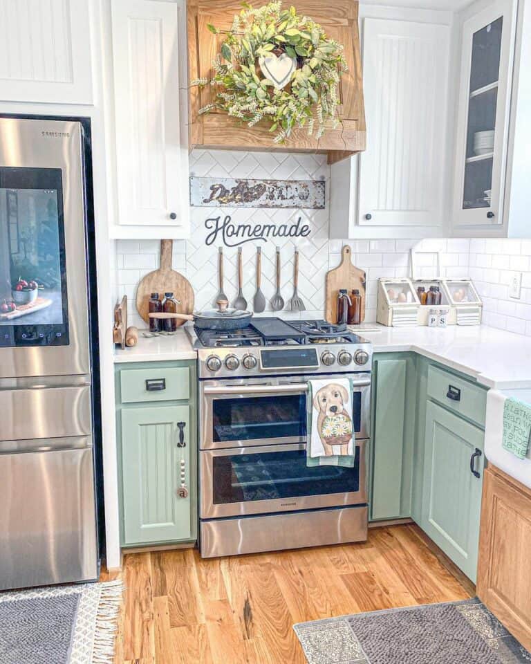 Green Kitchen Cabinets and Herringbone Backsplash - Soul & Lane