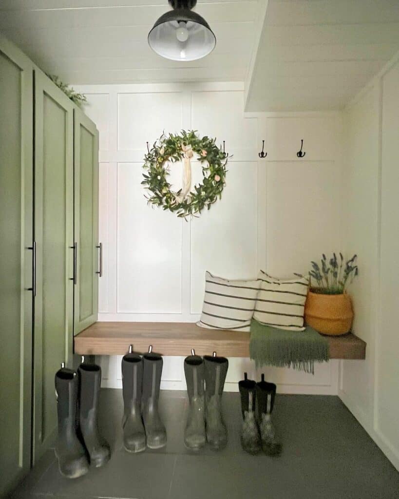 Green Mudroom Lockers with Floating Wood Bench