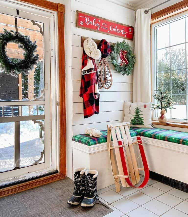 Green Plaid Cushion on a White Bench