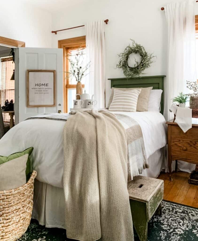 Green and Beige Modern Farmhouse Bedroom Curtain Ideas