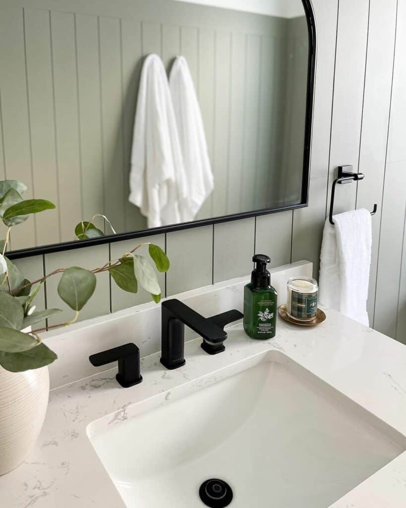 Green and White Bathroom with Shiplap Walls