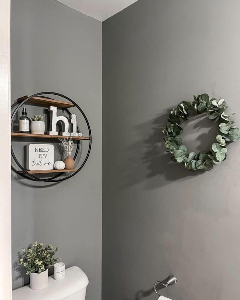 Grey Bathroom with Round Wood Shelf Soul & Lane