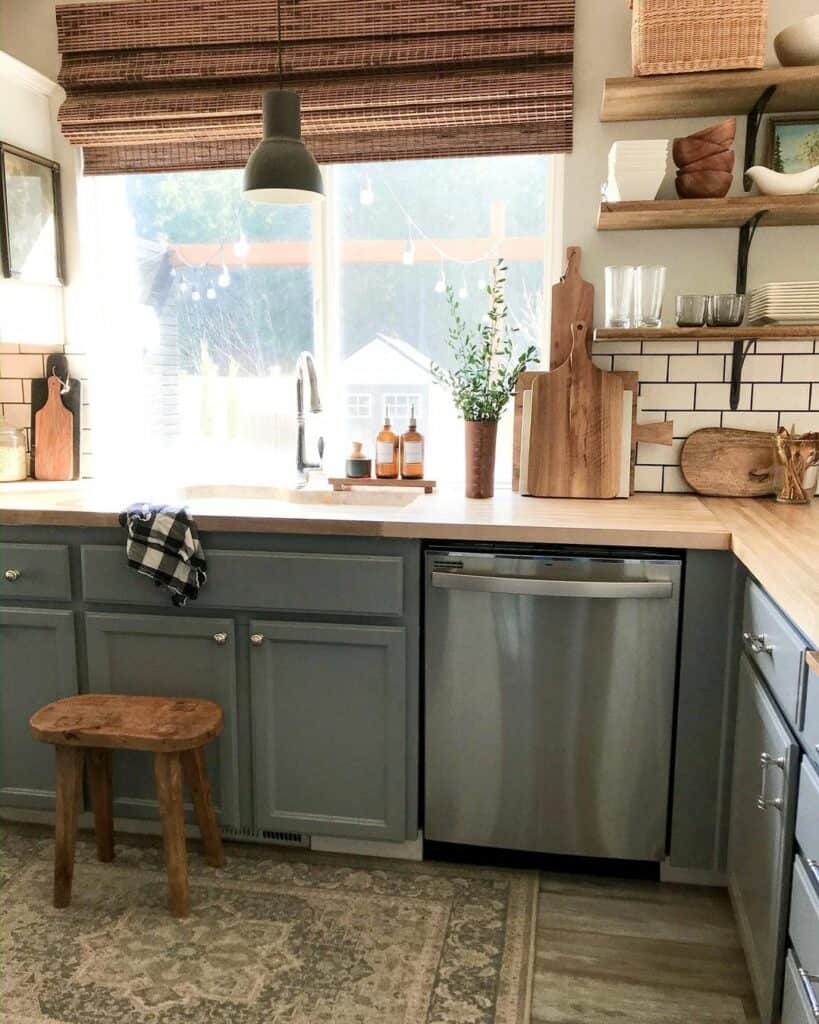 Grey Kitchen Cabinets with Butcherblock Countertop