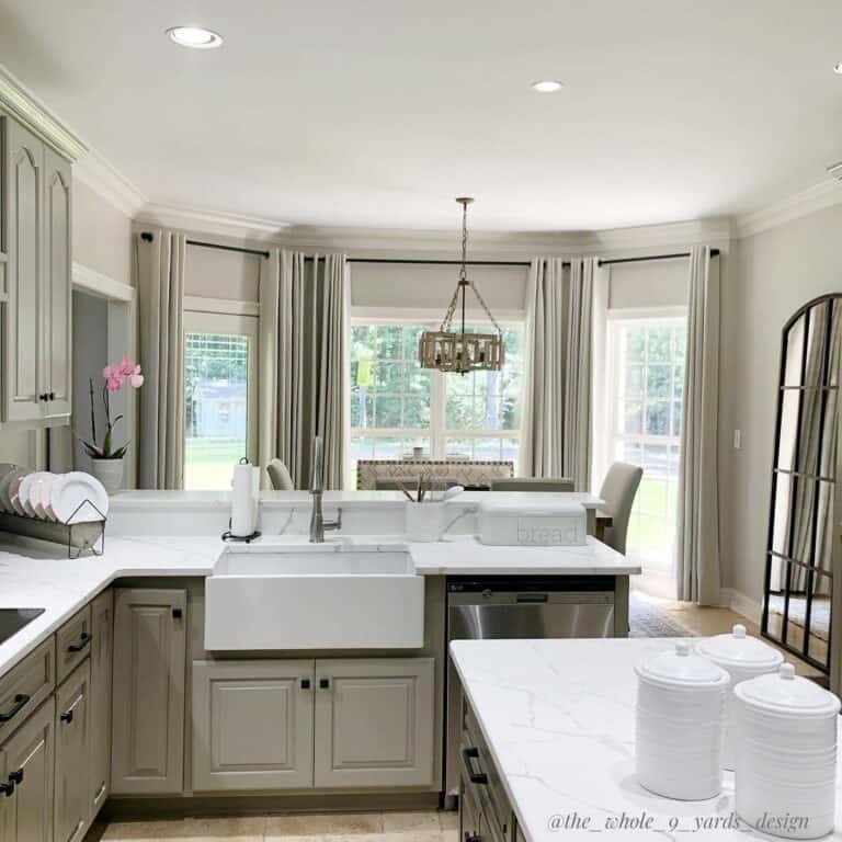 Grey Kitchen Cabinets with White Marble Countertop