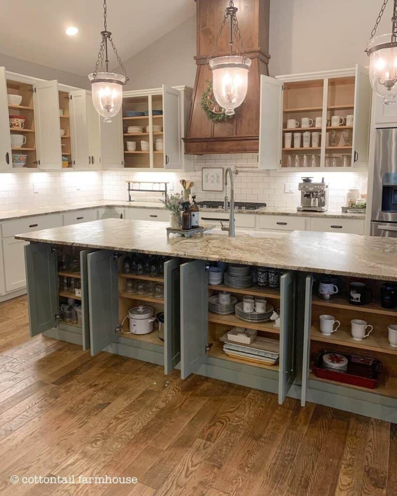 Grey Kitchen Island with Farmhouse Cabinets