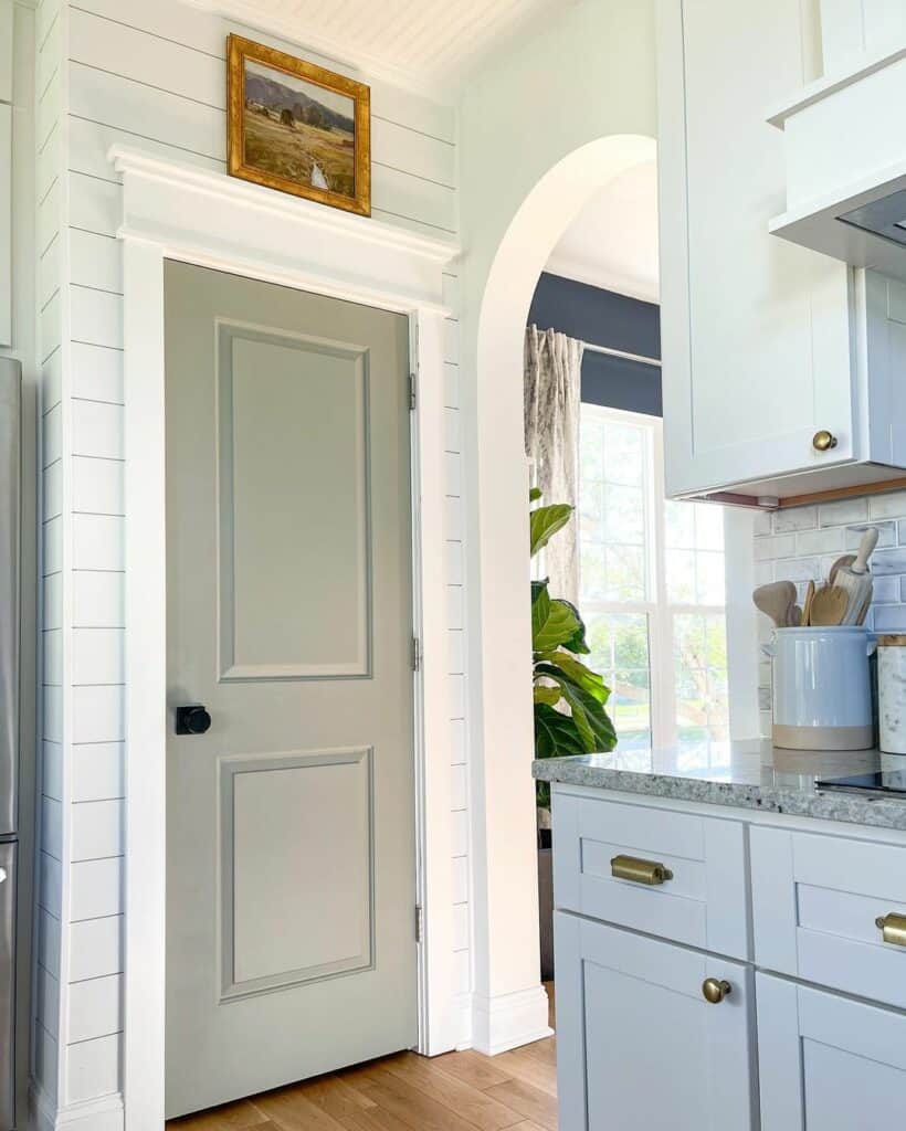 Grey Shaker Kitchen Cabinets with Brass Hardware