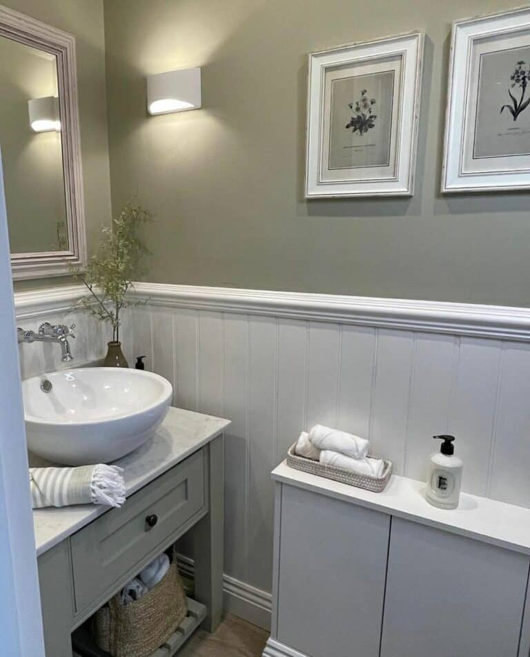 Grey and White Bathroom Ideas With Olive Accents