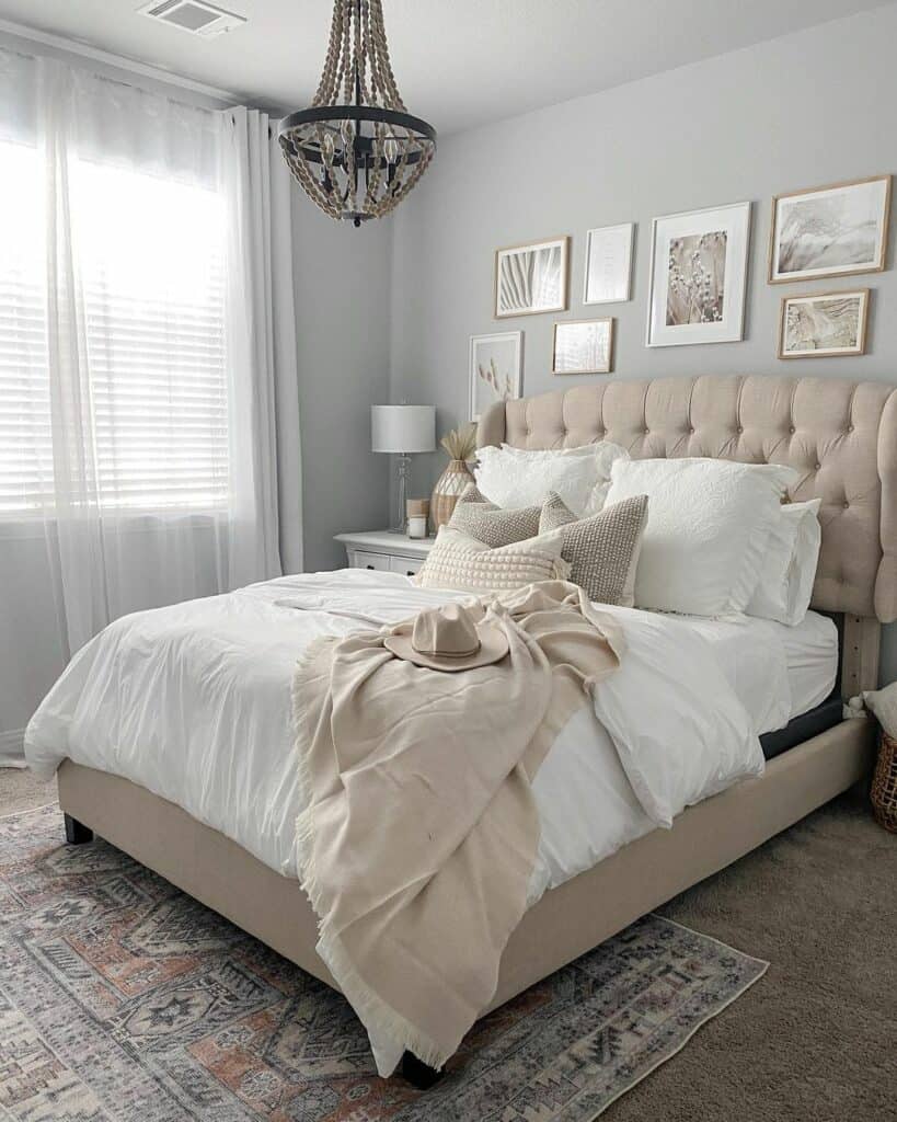 Grey and White Bedroom with Beige Accents
