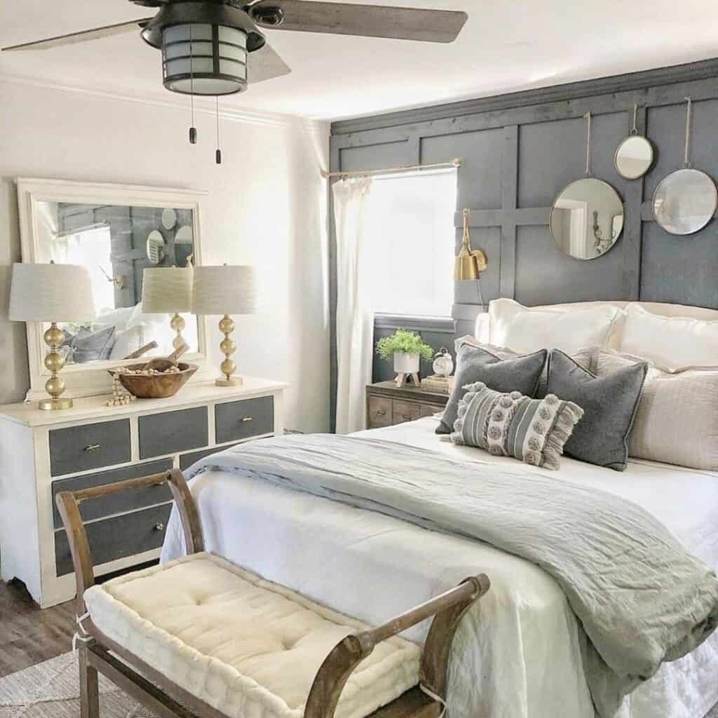 Grey and White Bedroom with Dark Grey Batten Wall and Mirrors