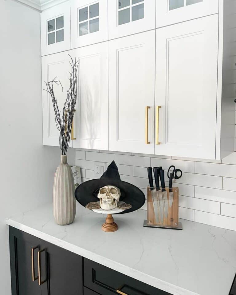 Halloween Skull Decor in White and Black Kitchen