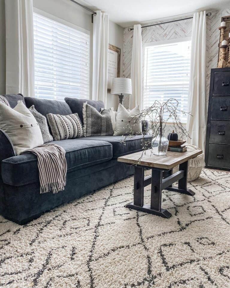 Herringbone Accent Wall and Gray Sofa