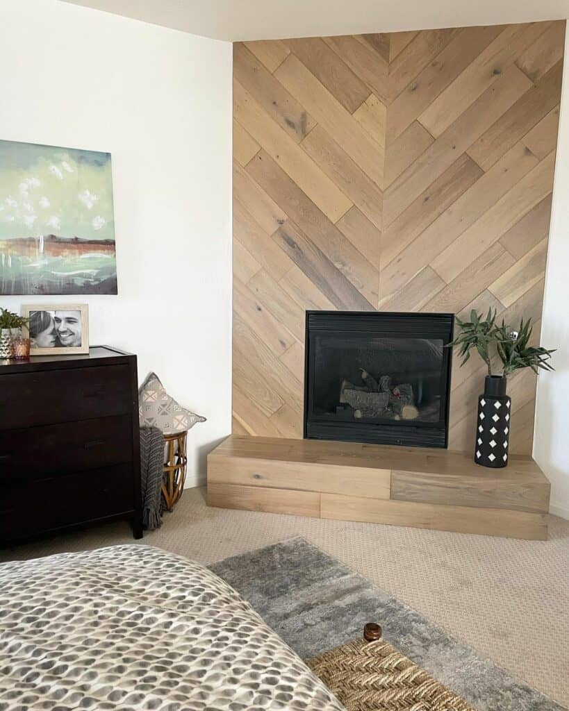 Herringbone Shiplap Accent Wall with Inset Fireplace