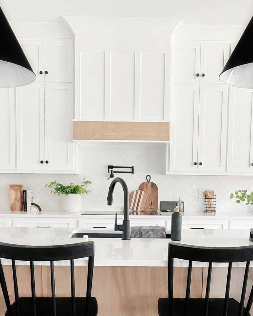 Herringbone Tile Backsplash Beneath Shaker Range Hood