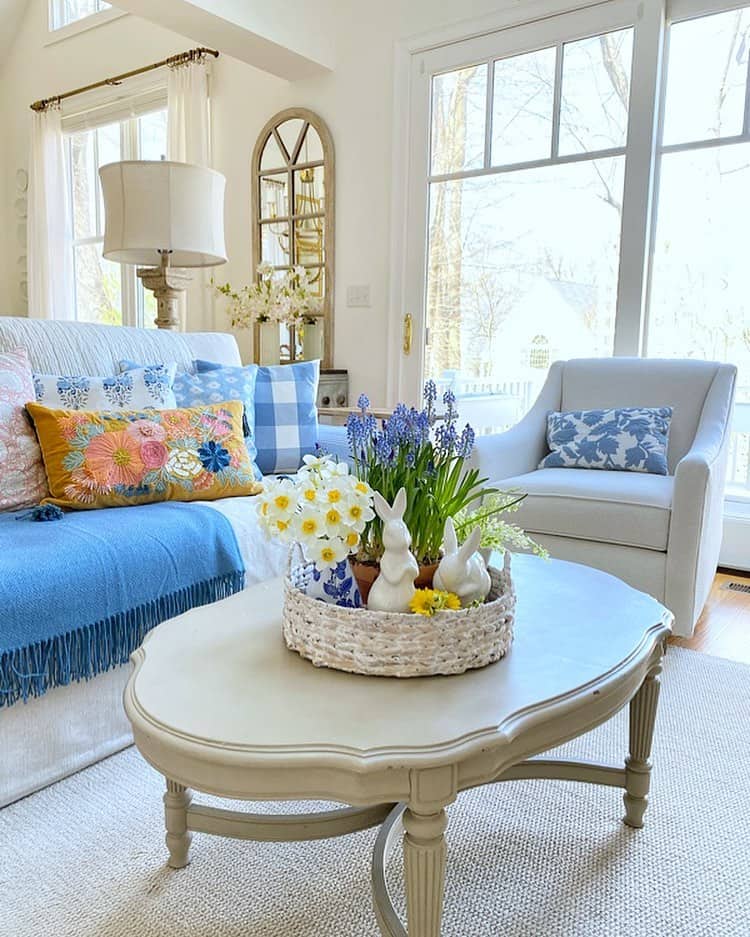 Hints of Spring in White Living Room