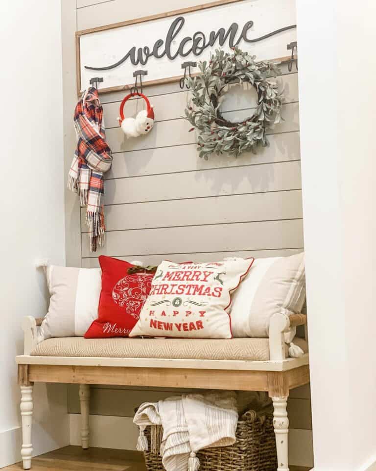 Holiday Entryway with a Light Gray Shiplap Feature Wall