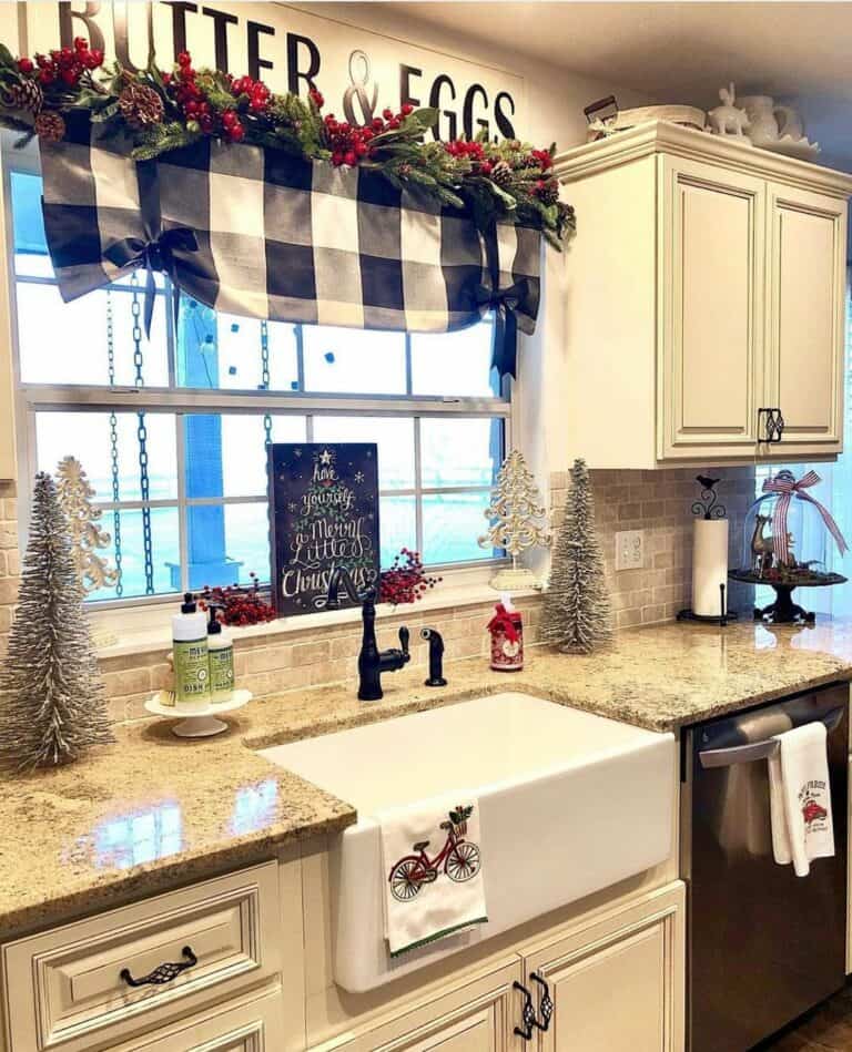 Holiday Farmhouse Kitchen with Plaid Drapes