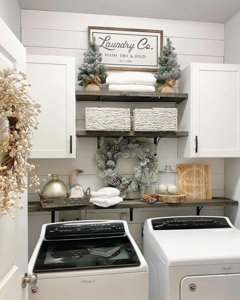 Holiday Laundry Room With White Cabinets