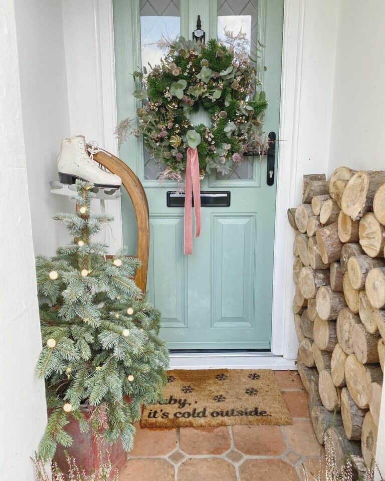 Holiday Wreath for Front Door With Pink Bow