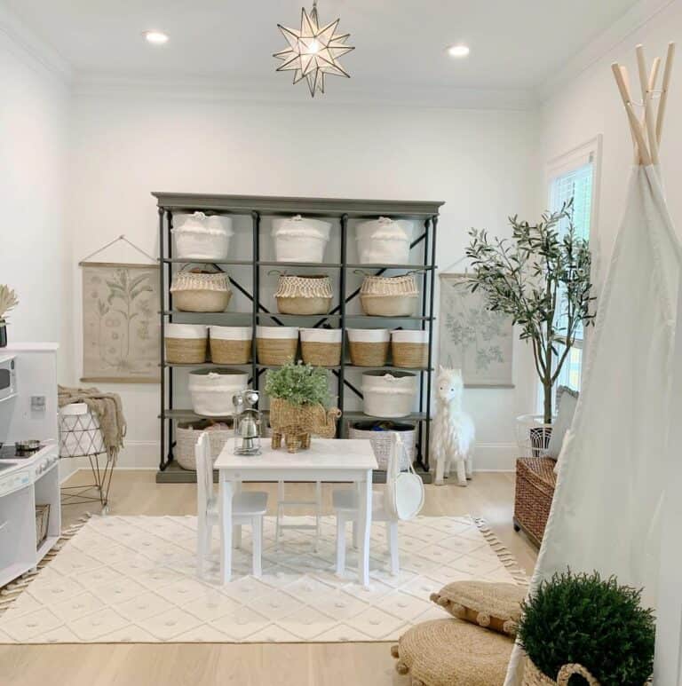 Industrial Toy Organizer Shelves with Wicker Baskets