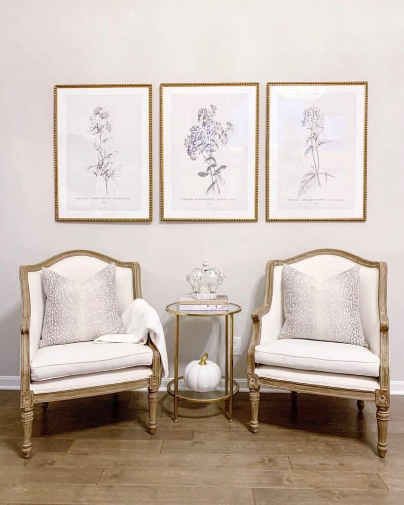 Large Floral Drawings in Beaded Gold Frames