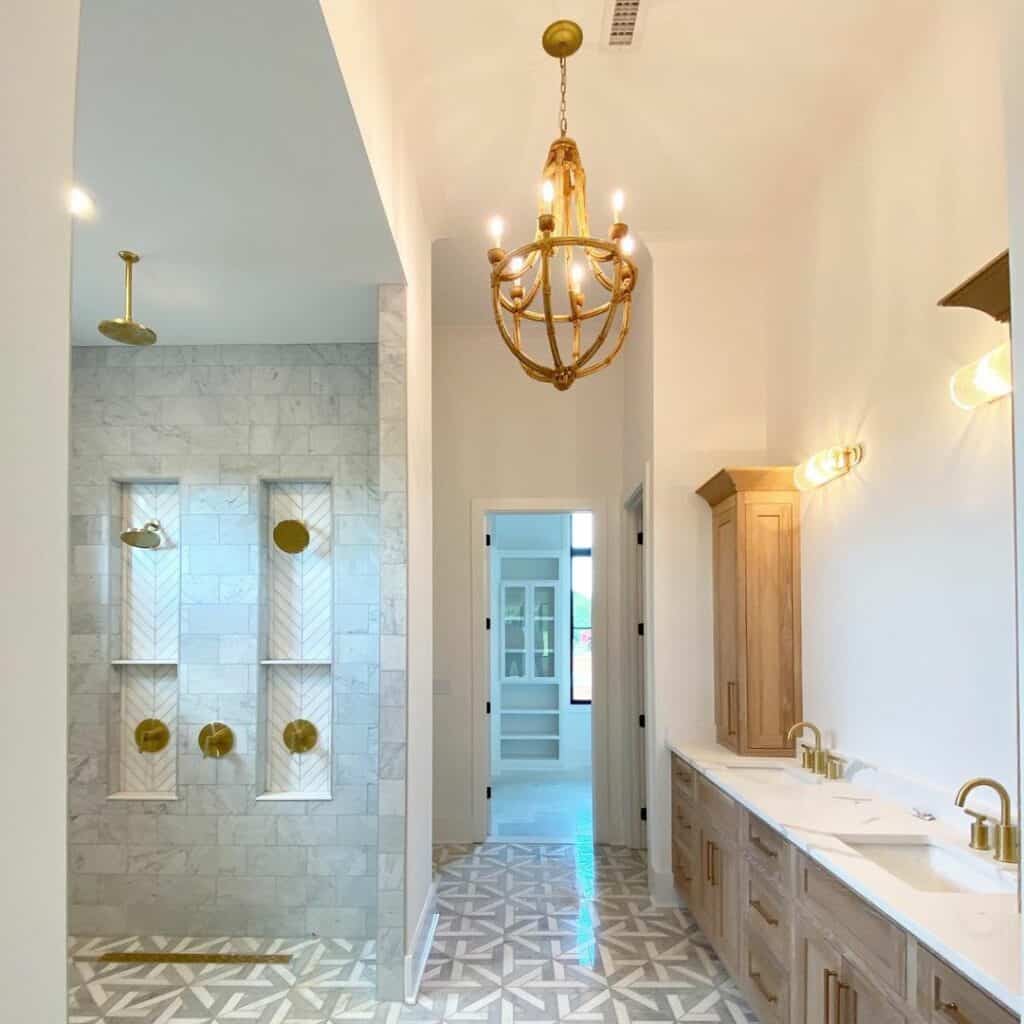 Large Gray Tile Shower with Brass Showerheads
