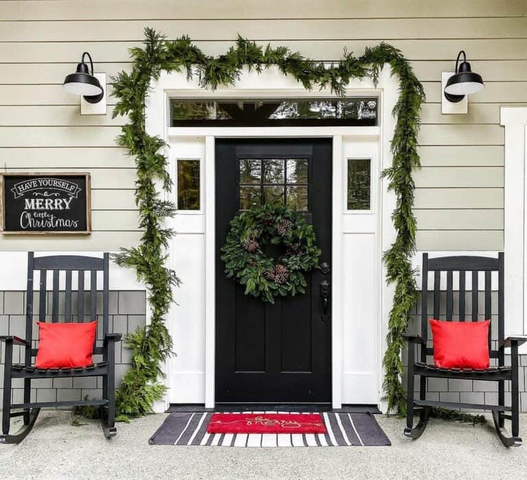 Large Green Wreath on a Black Front Door