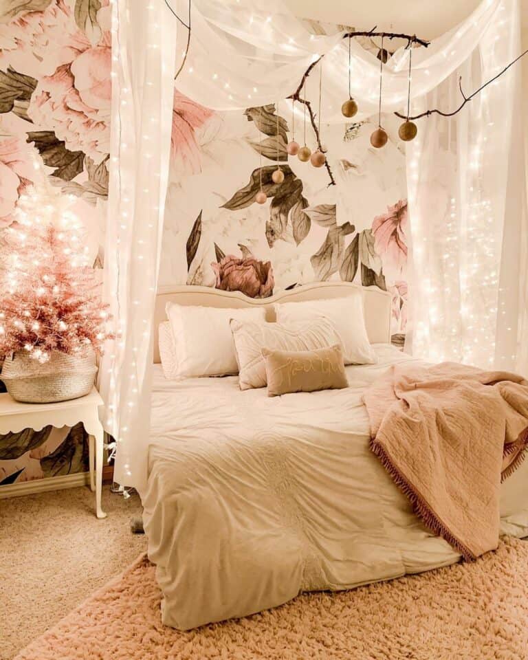Large Pink Floral Wallpaper Bedroom