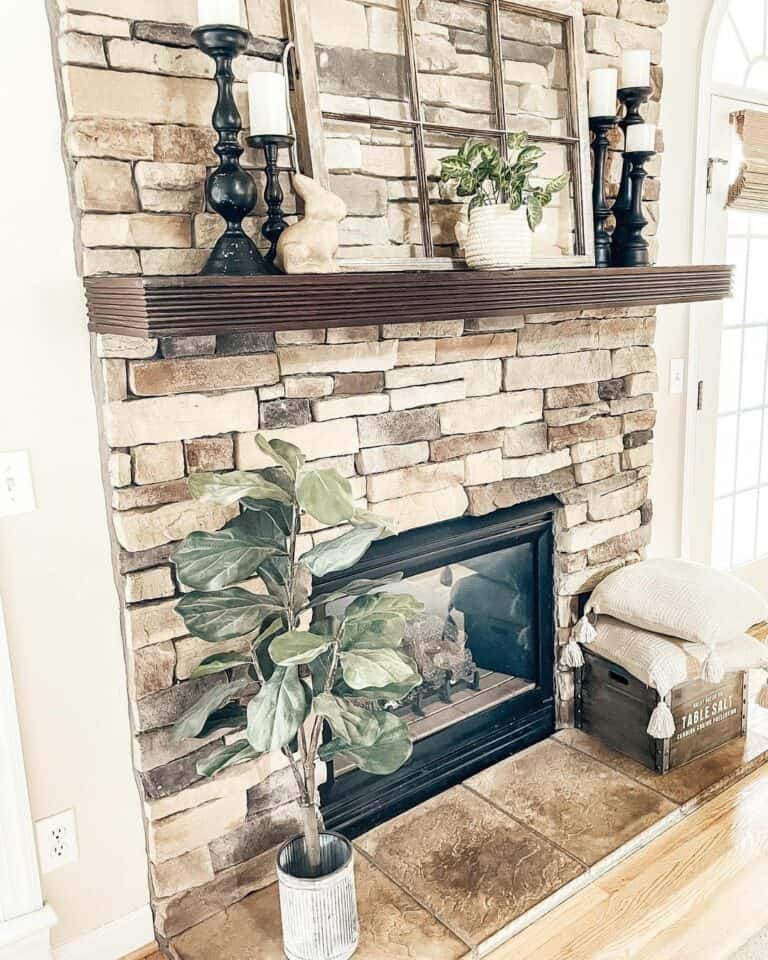 Large Rustic Fireplace with Wooden Mantel