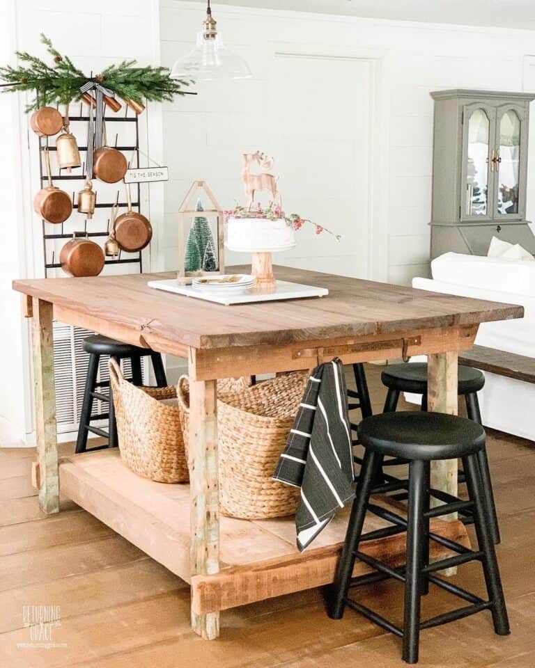 Large Wicker Basket on a Wooden Kitchen Island Shelf