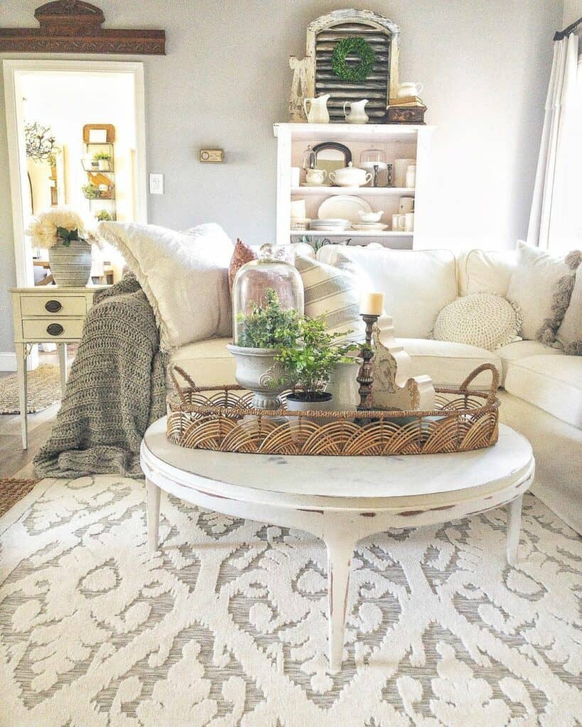 Large Wicker Tray on a Round White Coffee Table