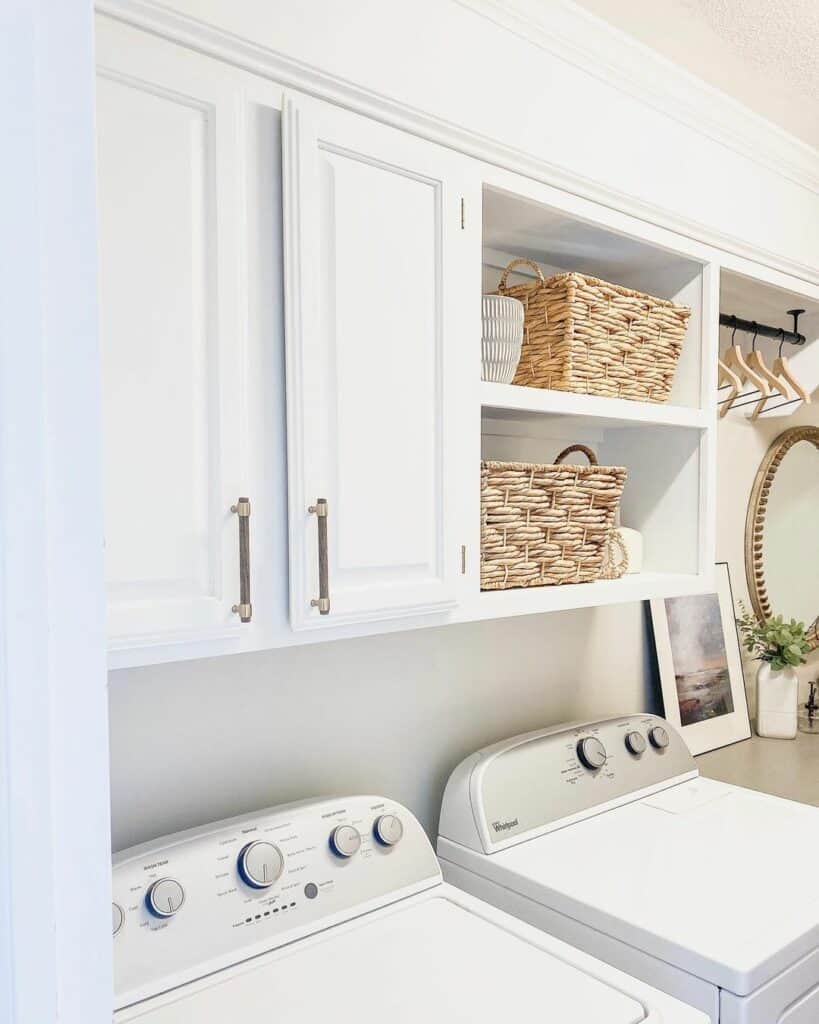 Laundry Room With White Cabinets and Exposed Shelves - Soul & Lane