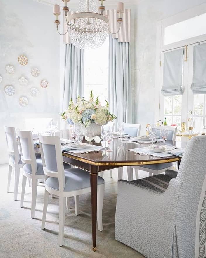 Light Blue Dining Room with Floral Bouquet