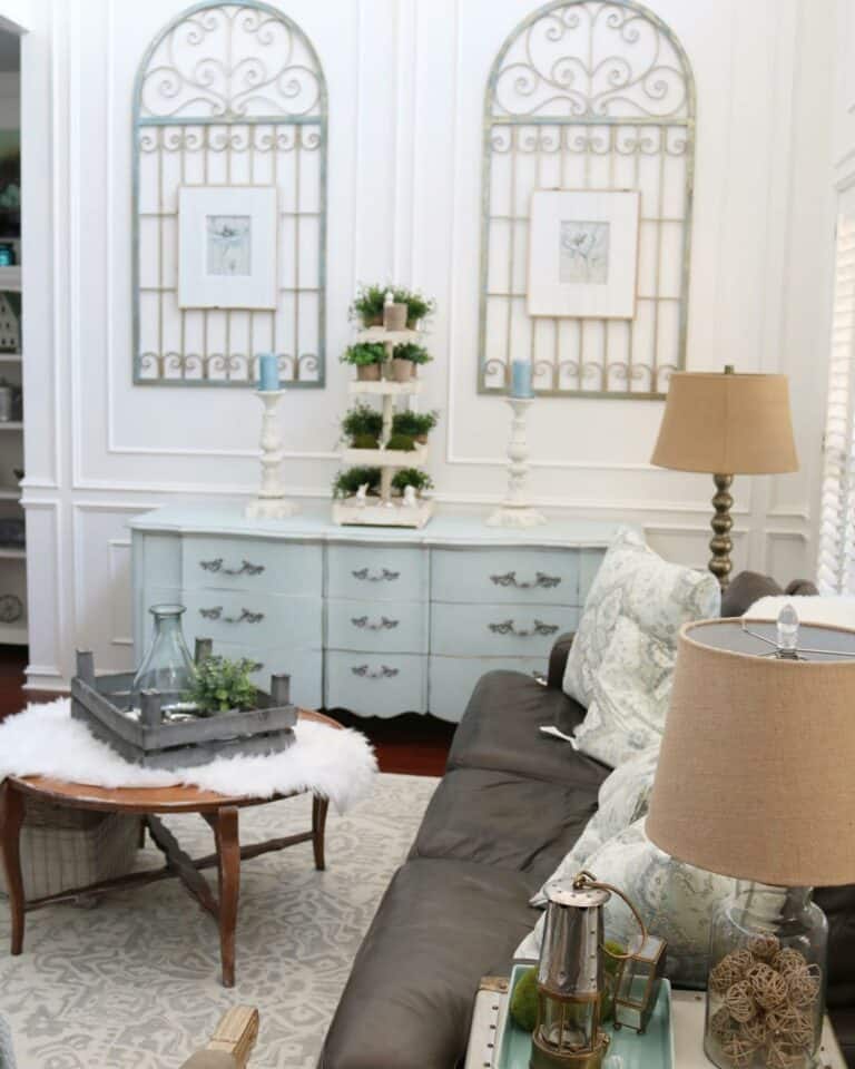 Light Blue Dresser Beneath Farmhouse Wall Décor