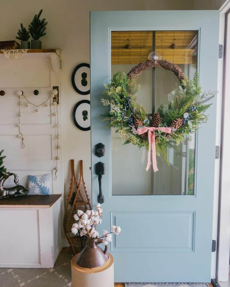 Light Blue Front Door With Wreath