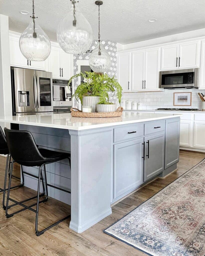 Light Blue Kitchen Island with Long Black Handles