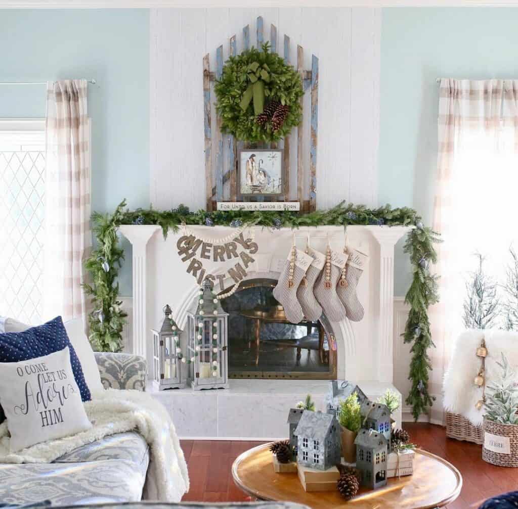 Light Blue Walls Surround Fireplace Mantel