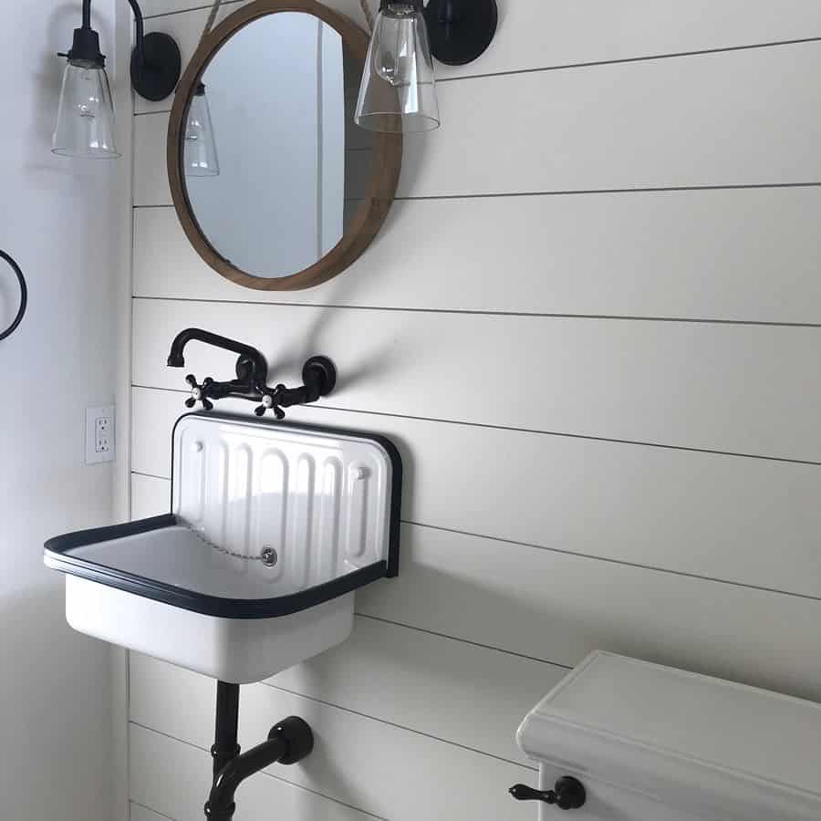 Light Gray Shiplap Wall in a Small Guest Bathroom