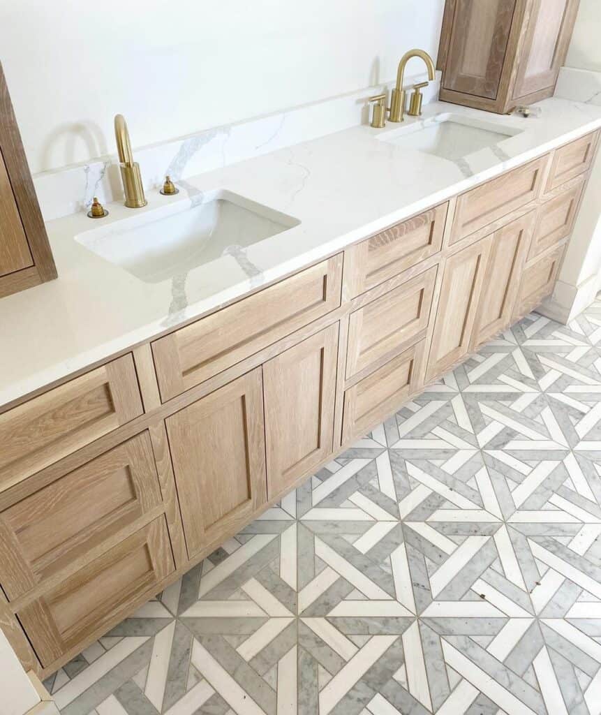 Light Oak Double Vanity with Patterned Floor