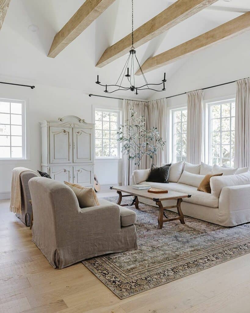 Light Wood Ceiling Beams Over a Dark