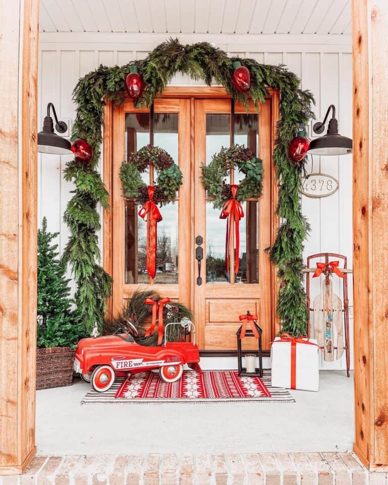 Light Wood Front Doors with Christmas Decorations