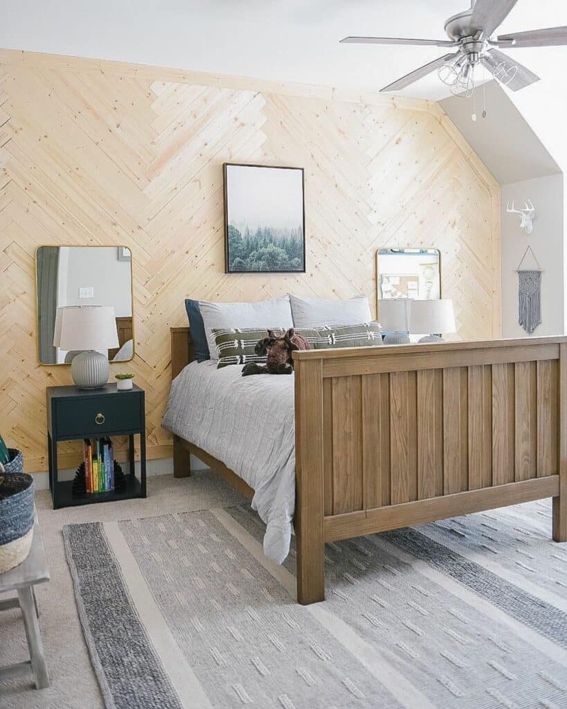 Light Wood Herringbone Shiplap Wall for Bedroom