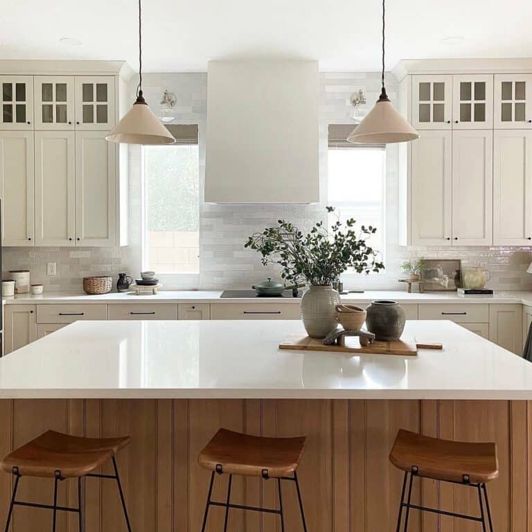 Light Wood Island With Quartz Countertop