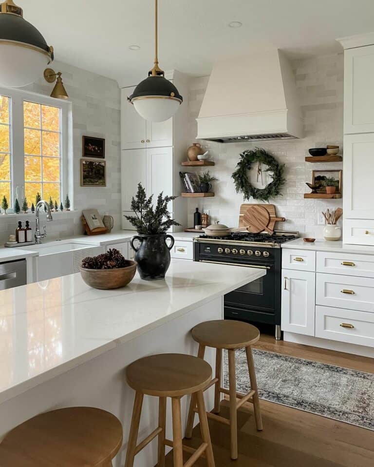 Light Wood Stools Under Quartz Island Countertop